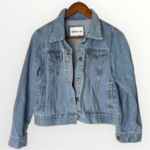 Between Us Denim Jean Jacket Cropped Shorter Fit Size Small Light to Medium Wash